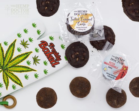 Beautiful Display of The Hemp Doctor Fresh Baked Hemp Derived Delta 9 Cookies - 100mg Per Cookie - Available in Dutch Snickerdoodle and Salted Caramel