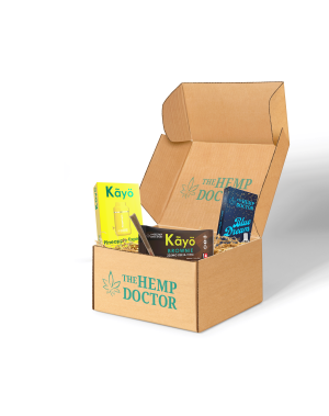 Shown is a box with The Hemp Doctor logo and the products included in the Smokeable Bundle
