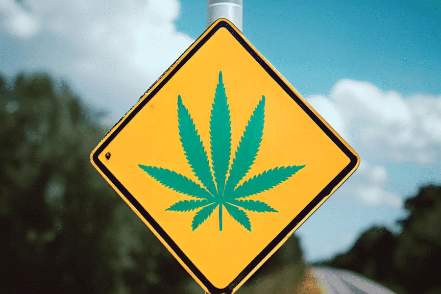 Road safety sign with cannabis plant