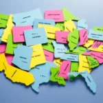 The 50 states map formed by post its.